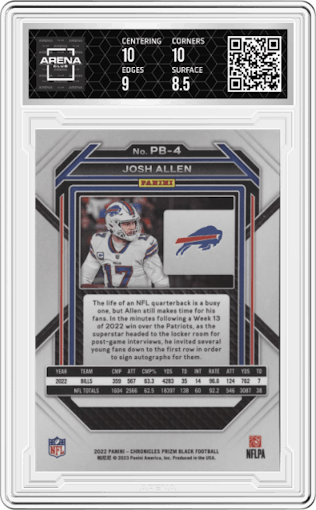 Josh Allen from the 2022 Panini Chronicles set graded by Arena Club and given an overall grade of 9.