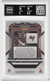 Tom Brady from the 2022 Panini Chronicles set graded by Arena Club and given an overall grade of 9.