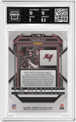 Tom Brady from the 2022 Panini Chronicles set graded by Arena Club and given an overall grade of 9.