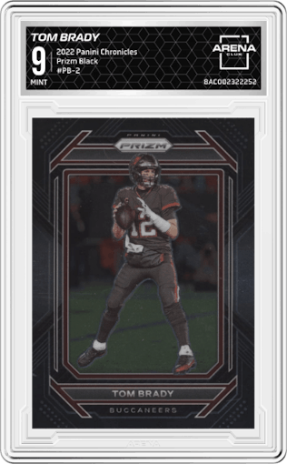Tom Brady from the 2022 Panini Chronicles set graded by Arena Club and given an overall grade of 9.