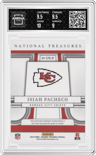 Isiah Pacheco from the 2023 Panini National Treasures set graded by Arena Club and given an overall grade of 9.5.