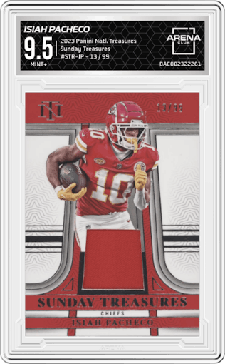 Isiah Pacheco from the 2023 Panini National Treasures set graded by Arena Club and given an overall grade of 9.5.