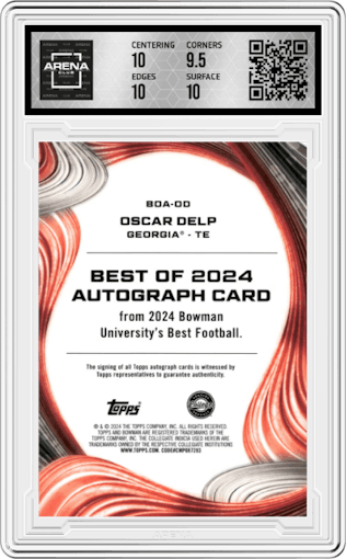 Oscar Delp from the 2024 Bowman University Best set graded by Arena Club and given an overall grade of 10.