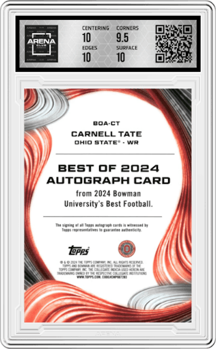 Carnell Tate from the 2024 Bowman University Best set graded by Arena Club and given an overall grade of 10.