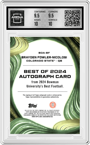 Brayden Fowler-Nicolosi from the 2024 Bowman University Best set graded by Arena Club and given an overall grade of 10.