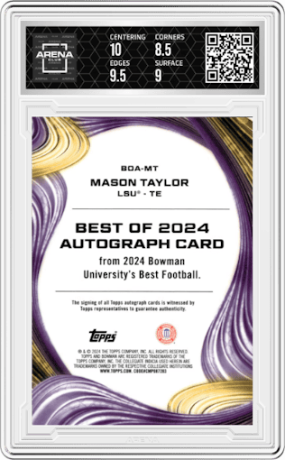 Mason Taylor from the 2024 Bowman University Best set graded by Arena Club and given an overall grade of 9.
