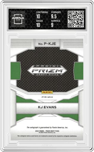 KJ Evans from the 2024 Panini Prizm Draft Picks set featuring a Silver Prizms parallel graded by Arena Club and given an overall grade of 9.5.