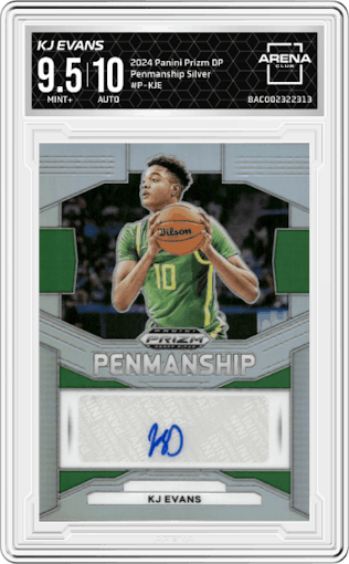 KJ Evans from the 2024 Panini Prizm Draft Picks set featuring a Silver Prizms parallel graded by Arena Club and given an overall grade of 9.5.