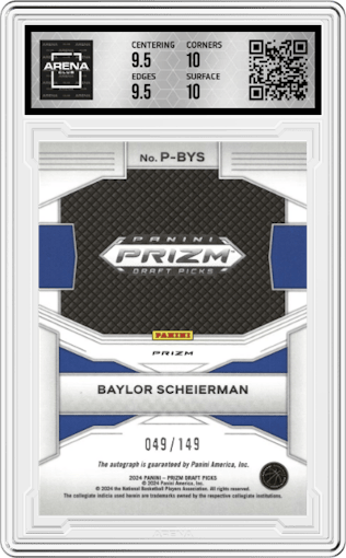 Baylor Scheierman from the 2024 Panini Prizm Draft Picks set featuring a Blue Prizm parallel graded by Arena Club and given an overall grade of 10.