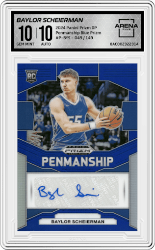 Baylor Scheierman from the 2024 Panini Prizm Draft Picks set featuring a Blue Prizm parallel graded by Arena Club and given an overall grade of 10.