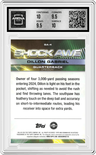 Dillon Gabriel from the 2024 Bowman University Best set graded by Arena Club and given an overall grade of 10.