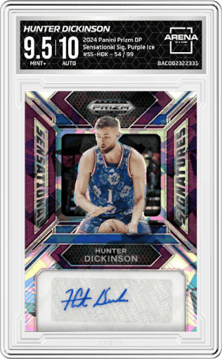 Hunter Dickinson from the 2024 Panini Prizm Draft Picks set featuring a Purple Ice Prizm parallel graded by Arena Club and given an overall grade of 9.5.