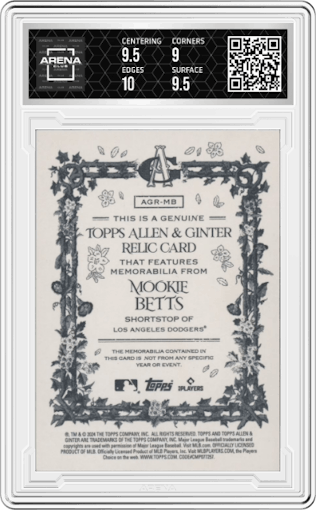 Mookie Betts from the 2024 Topps Allen & Ginter set graded by Arena Club and given an overall grade of 9.5.