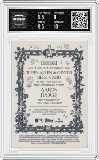 Aaron Judge from the 2024 Topps Allen & Ginter set graded by Arena Club and given an overall grade of 9.5.