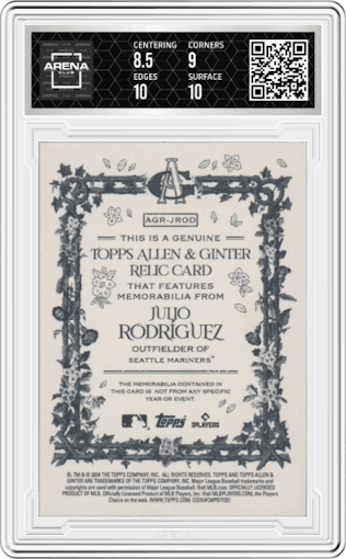 Julio Rodríguez from the 2024 Topps Allen & Ginter set graded by Arena Club and given an overall grade of 9.