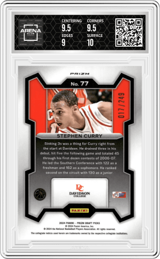 Stephen Curry from the 2024 Panini Prizm Draft Picks set featuring a Blue Wave parallel graded by Arena Club and given an overall grade of 9.5.