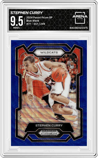 Stephen Curry from the 2024 Panini Prizm Draft Picks set featuring a Blue Wave parallel graded by Arena Club and given an overall grade of 9.5.