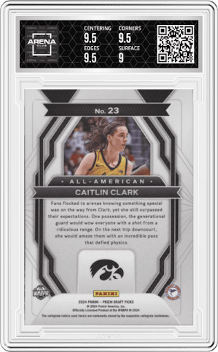 Caitlin Clark from the 2024 Panini Prizm Draft Picks set graded by Arena Club and given an overall grade of 9.5.
