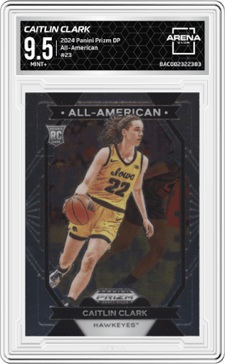 Caitlin Clark from the 2024 Panini Prizm Draft Picks set graded by Arena Club and given an overall grade of 9.5.
