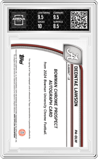 Deontae Lawson from the 2024 Bowman University Chrome set graded by Arena Club and given an overall grade of 9.