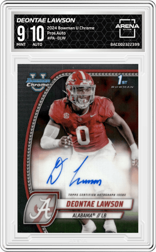 Deontae Lawson from the 2024 Bowman University Chrome set graded by Arena Club and given an overall grade of 9.