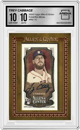 Trey Cabbage from the 2024 Topps Allen & Ginter set graded by Arena Club and given an overall grade of 10.