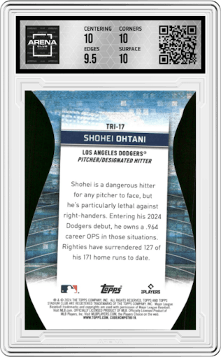 Shohei Ohtani from the 2024 Topps Stadium Club set graded by Arena Club and given an overall grade of 10.
