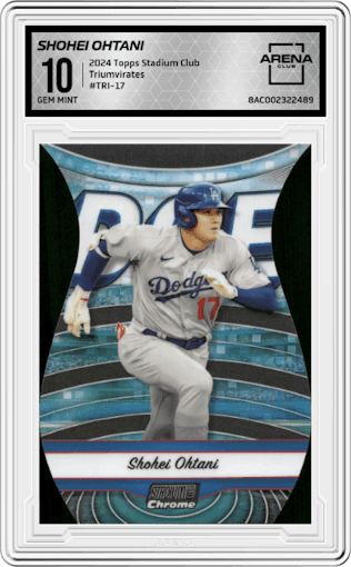 Shohei Ohtani from the 2024 Topps Stadium Club set graded by Arena Club and given an overall grade of 10.