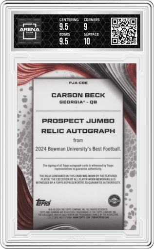 Carson Beck from the 2024 Bowman University Best set graded by Arena Club and given an overall grade of 9.5.