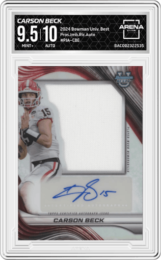 Carson Beck from the 2024 Bowman University Best set graded by Arena Club and given an overall grade of 9.5.