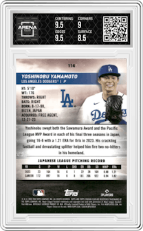 Yoshinobu Yamamoto from the 2024 Topps Stadium Club set featuring a Green Refractor parallel graded by Arena Club and given an overall grade of 9.