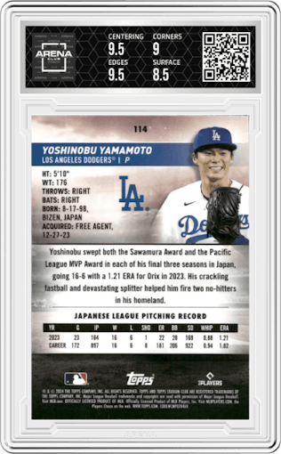Yoshinobu Yamamoto from the 2024 Topps Stadium Club set featuring a Green Refractor parallel graded by Arena Club and given an overall grade of 9.