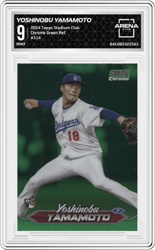 Yoshinobu Yamamoto from the 2024 Topps Stadium Club set featuring a Green Refractor parallel graded by Arena Club and given an overall grade of 9.