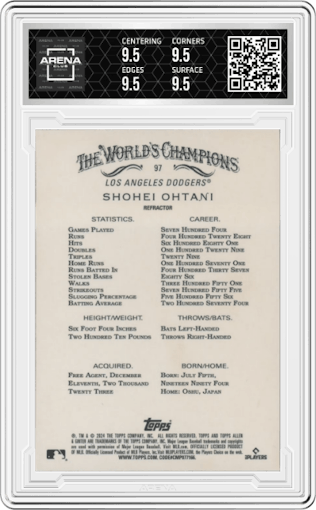 Shohei Ohtani from the 2024 Topps Allen & Ginter set featuring a Refractor parallel graded by Arena Club and given an overall grade of 9.5.