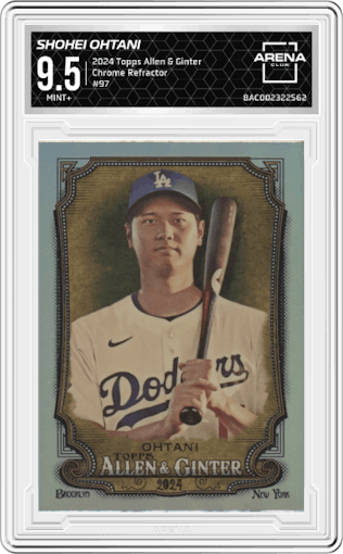 Shohei Ohtani from the 2024 Topps Allen & Ginter set featuring a Refractor parallel graded by Arena Club and given an overall grade of 9.5.