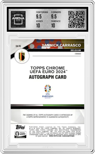 Yannick Carrasco from the 2024 Topps Chrome UEFA EURO set graded by Arena Club and given an overall grade of 10.
