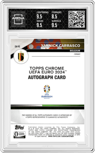 Yannick Carrasco from the 2024 Topps Chrome UEFA EURO set featuring a Blue Lava Refractor parallel graded by Arena Club and given an overall grade of 9.