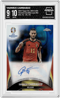 Yannick Carrasco from the 2024 Topps Chrome UEFA EURO set featuring a Blue Lava Refractor parallel graded by Arena Club and given an overall grade of 9.