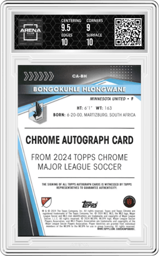 Bongokuhle Hlongwane from the 2024 Topps Chrome MLS set featuring a Neon Green Refractor parallel graded by Arena Club and given an overall grade of 9.5.
