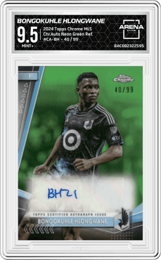 Bongokuhle Hlongwane from the 2024 Topps Chrome MLS set featuring a Neon Green Refractor parallel graded by Arena Club and given an overall grade of 9.5.