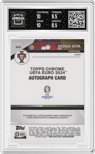Diogo Jota from the 2024 Topps Chrome UEFA EURO set graded by Arena Club and given an overall grade of 9.