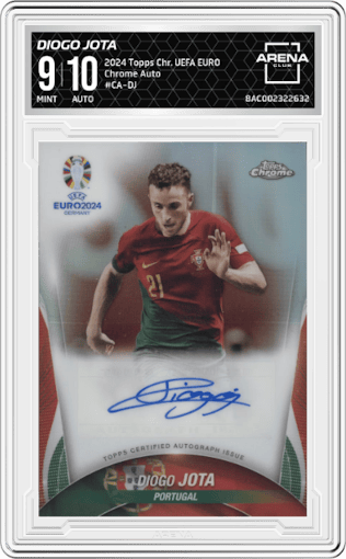 Diogo Jota from the 2024 Topps Chrome UEFA EURO set graded by Arena Club and given an overall grade of 9.