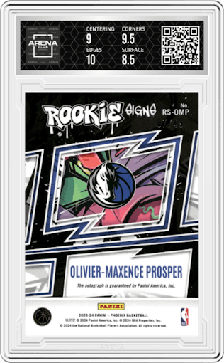 Olivier-Maxence Prosper from the 2023-24 Panini Phoenix set featuring a International Red parallel graded by Arena Club and given an overall grade of 9.