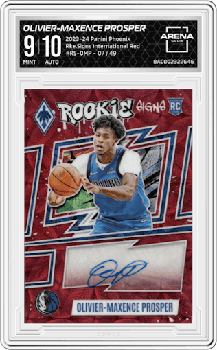 Olivier-Maxence Prosper from the 2023-24 Panini Phoenix set featuring a International Red parallel graded by Arena Club and given an overall grade of 9.