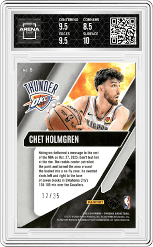 Chet Holmgren from the 2023-24 Panini Phoenix set featuring a Blue International  parallel graded by Arena Club and given an overall grade of 9.