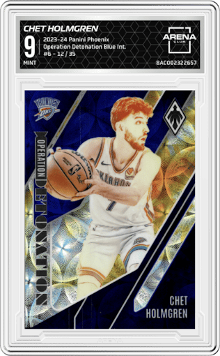Chet Holmgren from the 2023-24 Panini Phoenix set featuring a Blue International  parallel graded by Arena Club and given an overall grade of 9.