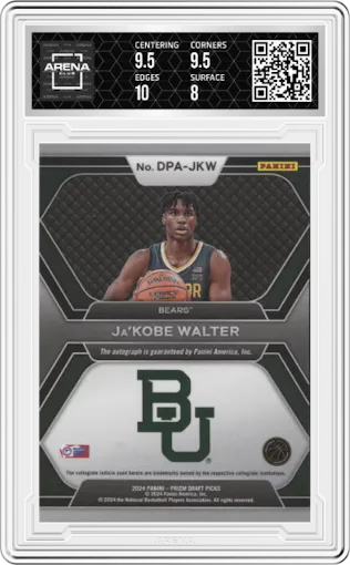 Ja’Kobe Walter from the 2024 Panini Prizm Draft Picks set graded by Arena Club and given an overall grade of 8.5.