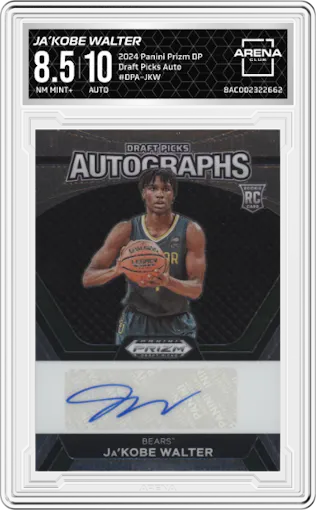 Ja’Kobe Walter from the 2024 Panini Prizm Draft Picks set graded by Arena Club and given an overall grade of 8.5.