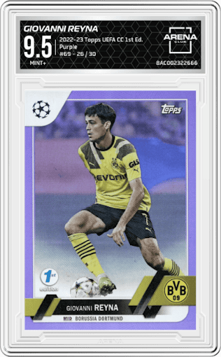 Giovanni Reyna from the 2022-23 Topps UEFA Club Competitions 1st Edition set featuring a Purple parallel graded by Arena Club and given an overall grade of 9.5.