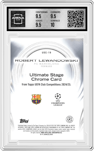 Robert Lewandowski  from the 2024-25 Topps UEFA Club Competitions set featuring a Orange Refractor parallel graded by Arena Club and given an overall grade of 10.